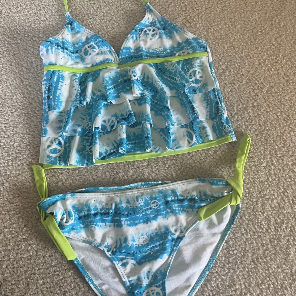 LAGUNA Blue Tie Dye Peace Print Sequined Halter Tankini Girls Size 16